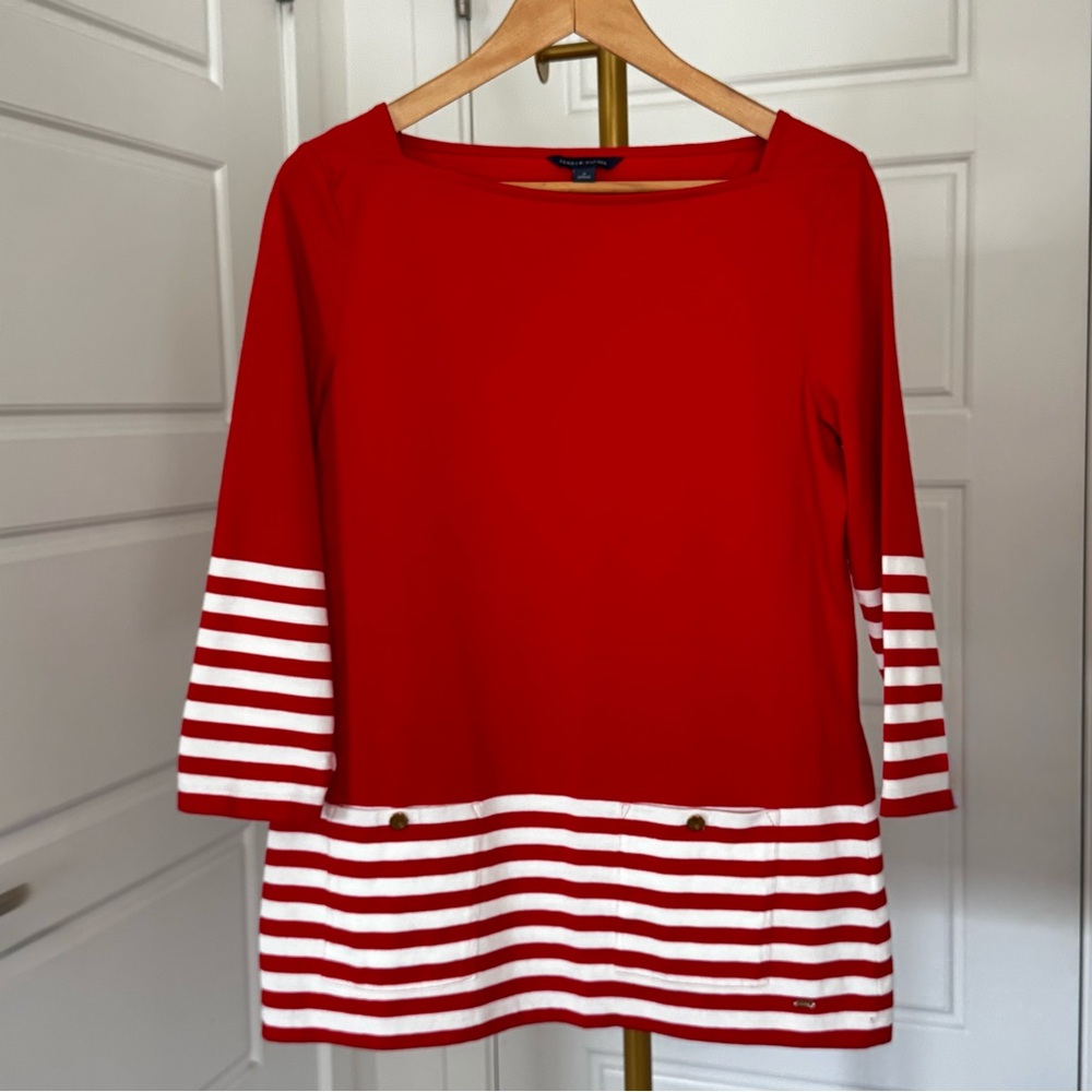 Preppy Nautical Vibe TOMMY HILFIGER Pullover Boatneck w 3/4‎ Sleeves Stripes M